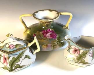 Art Nouveau Style Hand Painted Porcelain Vase, Creamer  Sugar Set