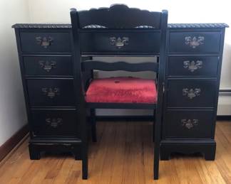 Kneehole Black Wood Desk and Chair, Vintage