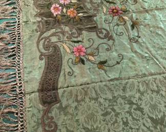Antique Green Silk Damask and Velvet Tablecloth with Raised Floral Embroidery