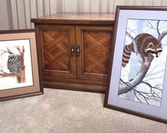 MCM Wood End Table Cabinet and Needlepoint Artwork