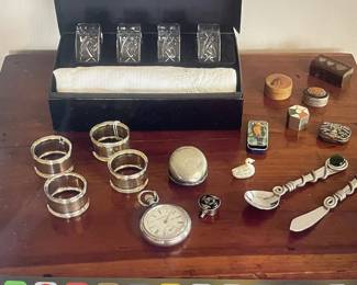 Waterford crystal napkin rings, silver napkin rings, Watham pocket watch and other treasures