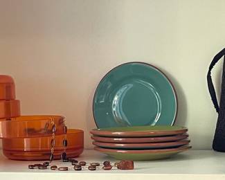 Italian designer desk organizer, Portuguese ceramics, amber, beaded peacock evening bag