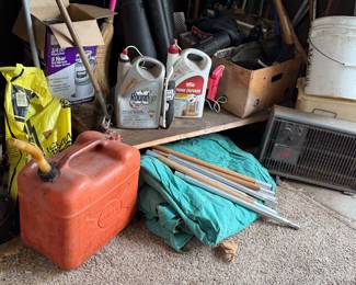 Gas can, vintage tent, heater, garage / yard supplies