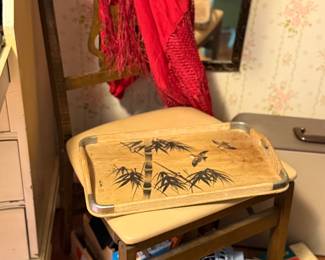 Fan, vintage accent chair, serving tray