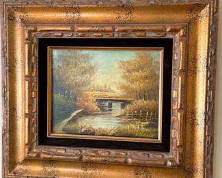 Vintage framed artwork - River / house scene