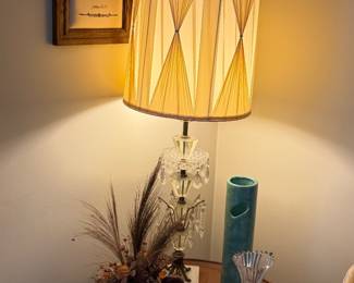 Vintage crystal mid century lamp, pottery, vase