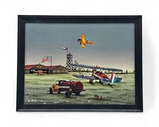 Lot 202  Framed Serigraph Painting Of Aviation Scene At An Airfield