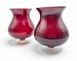 Lot 210  Pair Of Retired Partylite Ruby Red Hurricane Footed Glass Candle Holders