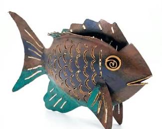 Lot 399  Painted Metal Fish Sculpture with Pierced Scale Design