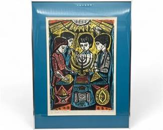 Lot 911  Ltd. Ed. Framed Color Woodcut Titled Feast of Lights By Irving Amen