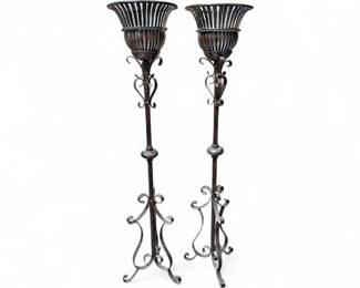 Lot 236  Pair Of Wrought Iron TorchereForm Floor Pedestals With Urn Baskets