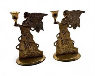 Lot 302  Pair Of Vintage Solid Brass Angel Candle Holders
