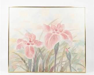 Lot 395  Large Pink Iris Oil Painting On Canvas, Signed H Park
