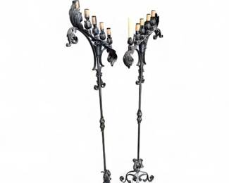 Lot 971  Pair of Wrought Iron FiveLight Torchere Floor Lamps, Gothic Revival Style