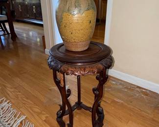 Large Japanese Satsuma Vase on Carved Wooden Pedestal