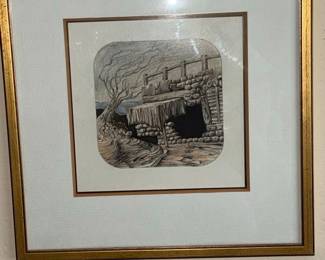 Framed Drawing of a Stone Structure and Tree