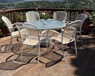 Vintage White Mesh Metal Patio Dining Set with Glass Top Table and Six Chairs