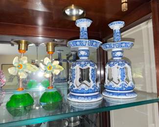 Pair of Blue and White Porcelain Pagoda Candlesticks