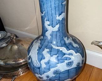 Vintage Blue and White Dragon Vase with Wooden Stand
