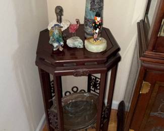 Octagonal Rosewood Plant Stand with Decorative Carvings and Metal Basin