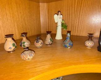 Collection of Miniature Ceramic Vases and Angel Figurine, includes Gouda-style and Cloisonné