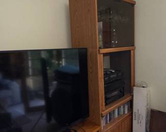 Oak Entertainment Center with Glass Doors and Storage Cabinets