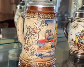 Collection of German Beer Steins with Pewter Lids