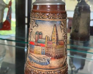 Collection of German Beer Steins with Pewter Lids