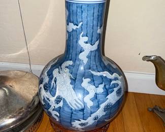 Vintage Blue and White Dragon Vase with Wooden Stand