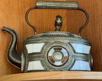 Moroccan Inlaid Metal Teapot with Bone Overlay