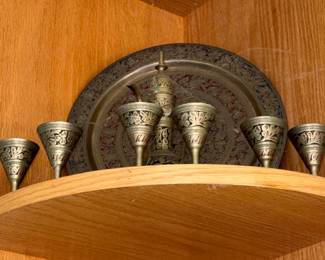 Brass Etched Serving Tray with Six Goblets and Decanter