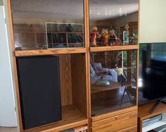 Oak Entertainment Center with Glass Doors and Storage Cabinets