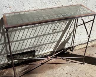 Vintage Industrial Metal Console Table with Grid Glass Top
