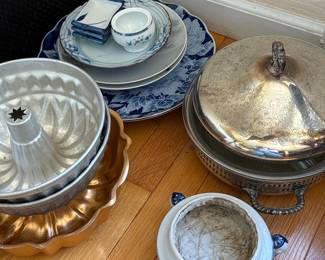 Assorted Kitchenware Lot: Bundt Pans, Silver-Plated Tureen, and Blue & White Asian-Style Plates