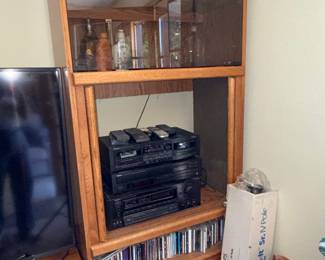 Oak Entertainment Center with Glass Doors and Storage Cabinets