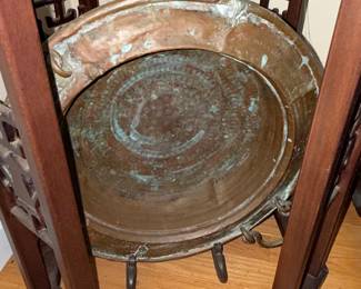 Antique Hammered Copper Basin on Carved Wooden Stand