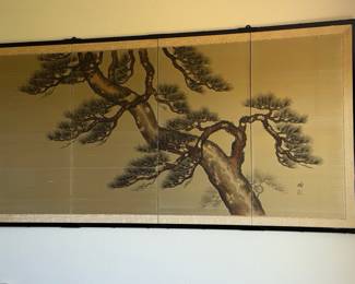 Japanese Four-Panel Folding Screen with Pine Tree