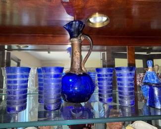 Cobalt Blue Glass Ewer and Tumblers Set with Silver-Plated Collar