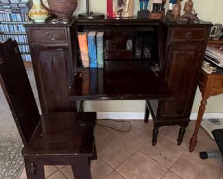 Antique Drop-Front Secretary Desk with Matching Chair