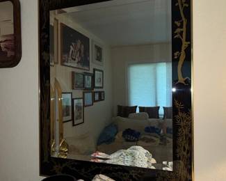 LaBarge Black Lacquer Chinoiserie Mirror with Gilt Cranes and Bamboo