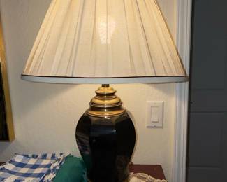 Vintage Black Ceramic Urn Table Lamp with Brass Accents and Pleated Shade