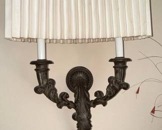 Ornate Bronze Wall Sconce with Pleated Shade