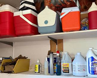 Assorted Coolers and Cleaning Supplies