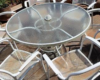 Vintage White Mesh Metal Patio Dining Set with Glass Top Table and Six Chairs