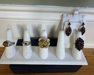 Men's 10k Tiger Eye Ring, 14K Ring (No Stone), Heavy 18K Statement Ring w/ Diamond, Emerald & Lapis, Antique 14K Garnet Ring & Earrings14K 