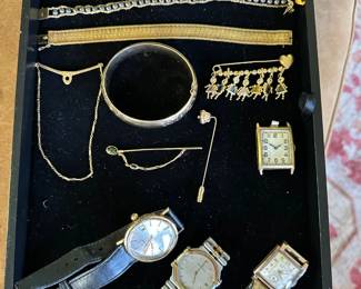 14K Bracelets, 14K Tie Bars w/ Chains, 14K Birthstone Baby Broach, 14K Le Coultre men's Watch, Lassale 18K & Stainless Steel Watch, Gruen 14K Watch