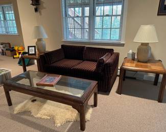 Milo Baughman Mid Century Love Seat, Pair of Side Tables, Coffee Table, Pair of Lamps