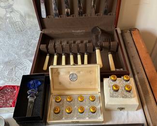 Enamel Guilloche Salt & Pepper Set, Fork & Knife Fish Set, Versace Rosenthal Medusa Stopper