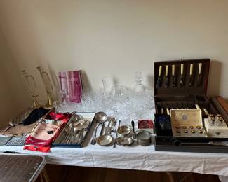 Brass Horn Candle Holders, Burberry Ties, Waterford, Tiffany Sterling, Guilloche Enamel Salt & Pepper Set