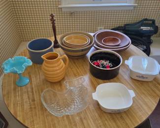 Fenton, Corning Ware, Stoneware, Wooden Bowls, Dinning Table. 